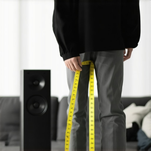Person adjusting speakers for optimal sound in a cozy living room
