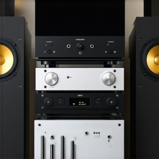 Premium Home Audio System Setup Elegant home audio system with speakers, media hub, and power amplifier in a stylish living room