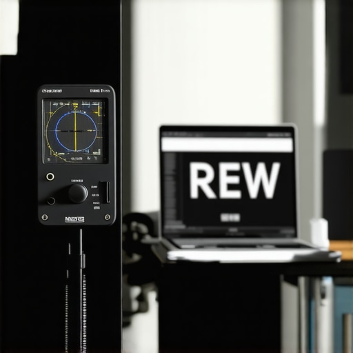 Professional Audio Calibration Tools in Action Audio calibration tools like a SPL meter and REW software on a computer screen.