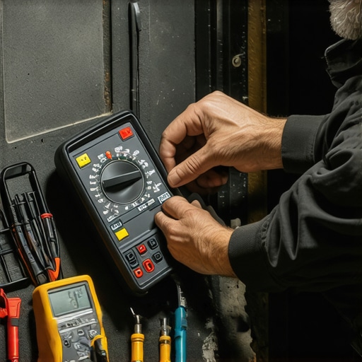 Professional Home Audio Maintenance Tools Technician Using Multimeter and Cleaning Tools on Home Audio Equipment