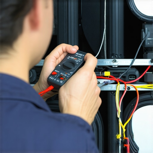 Person testing speaker wires with multimeter for maintenance