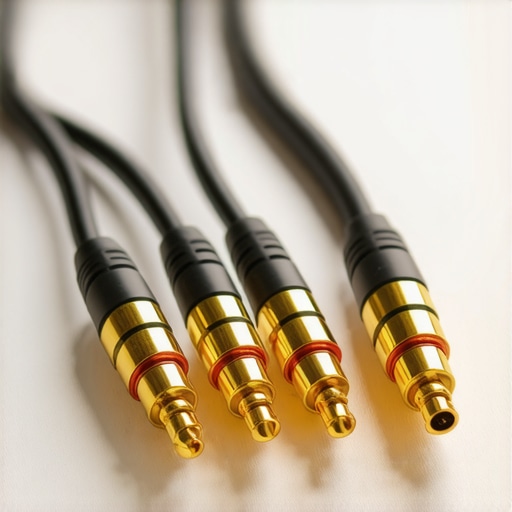 A detailed image showcasing shielded audio cables with gold-plated connectors in a home theater environment