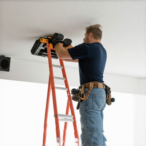 Speaker Mounting in Home Theater Person installing overhead speakers at ear level in a home theater setting.