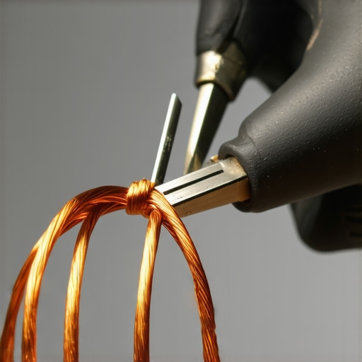 Speaker Wire Stripping Technique Close-up of a person stripping and twisting speaker wire with wire strippers.