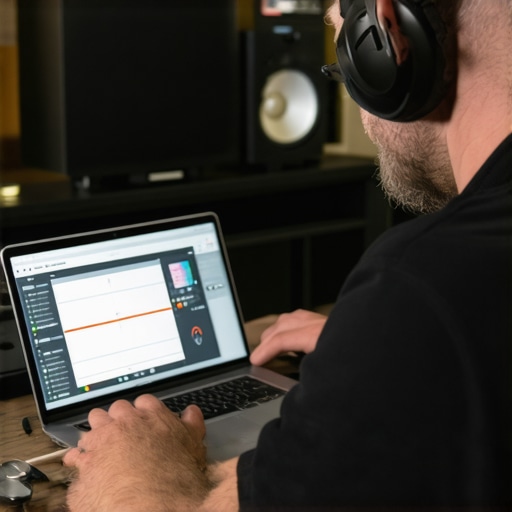 System calibration in progress Audio technician measuring sound using calibration tools in a home theater setup