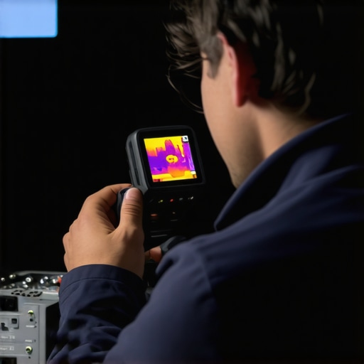 Thermal Inspection of AV Equipment in a Home Theater Technician inspecting home theater AV equipment with thermal camera