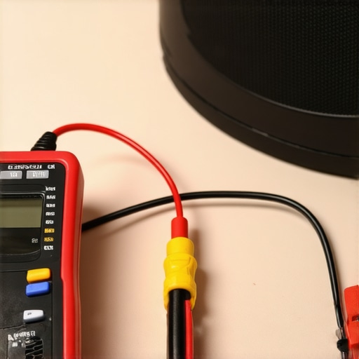 Person testing speaker cables with a digital multimeter in a home theater