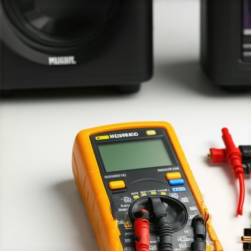 Using a Multimeter for Audio Maintenance Person testing speaker cable continuity with a multimeter in a home theater setup.