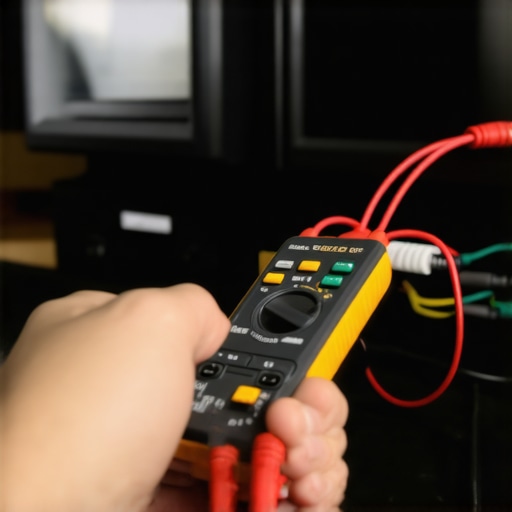 Using a Multimeter for Audio Maintenance Person inspecting speaker wires with a multimeter in a home theater environment.