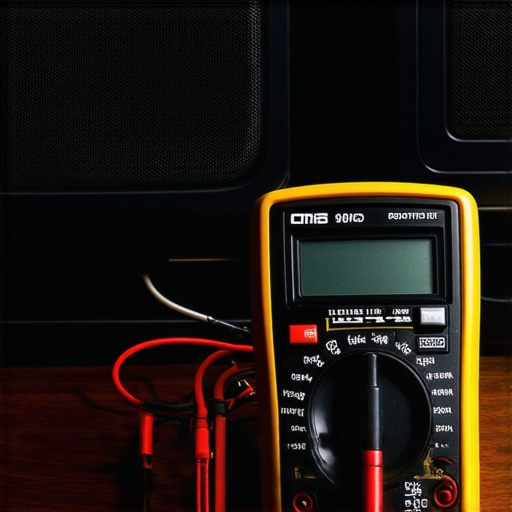 Close-up of a multimeter measuring speaker wire in a home theater