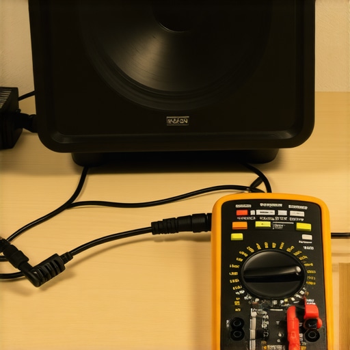 Using a Multimeter for Speaker Cable Maintenance A person checking speaker cables with a multimeter in a home theater setting.