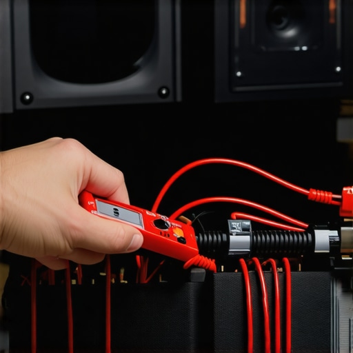 Using a Multimeter for Speaker Cable Testing A technician measuring speaker wire continuity with a multimeter in a home theater