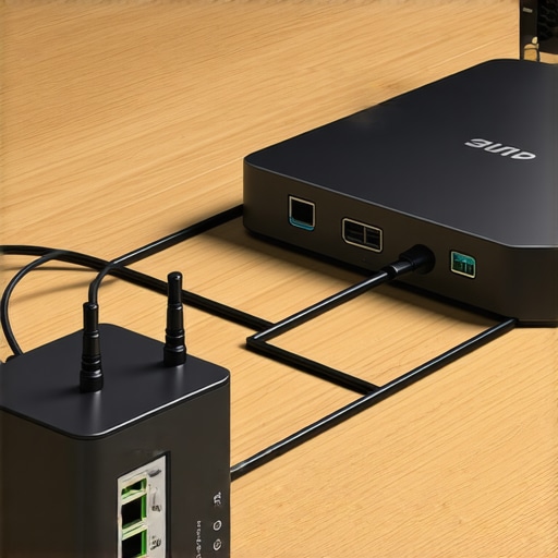 Ethernet cables connecting router to media hub in a home theater environment