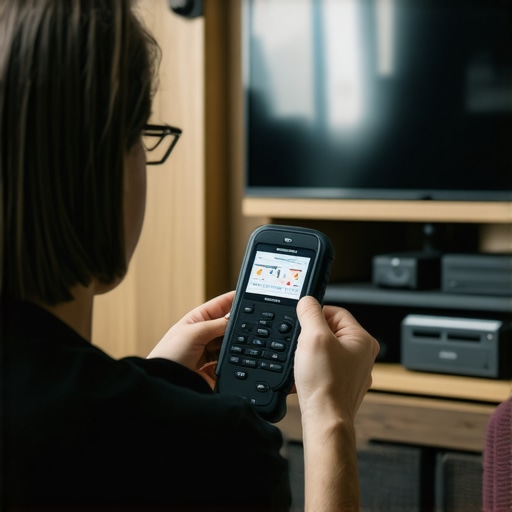 A technician testing AV cables and signals in a home theater with specialized equipment.