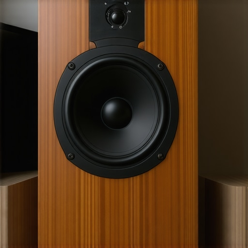 Close-up of wooden bookshelf speakers with adjustable tweeter angles, showing precise positioning for optimal audio experience