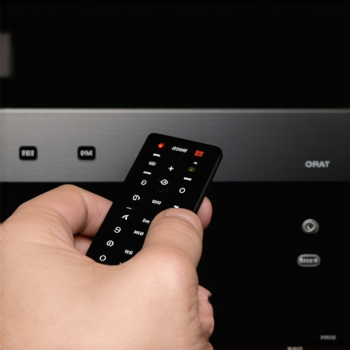 Adjusting AV Receiver Settings Person's hand pressing buttons on a remote control to access AV receiver settings.