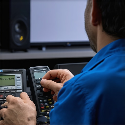 Advanced AV Maintenance Tools in Action Technician using multimeter and SPL meter to maintain home theater system