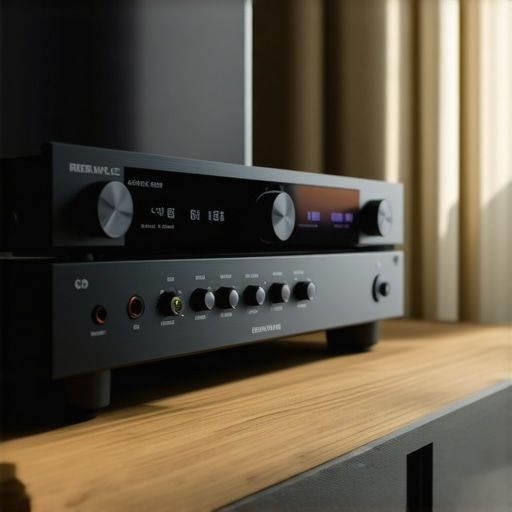 Advanced Home Audio Setup with Calibration Equipment Photo showing a detailed view of sophisticated home audio system with calibration tools