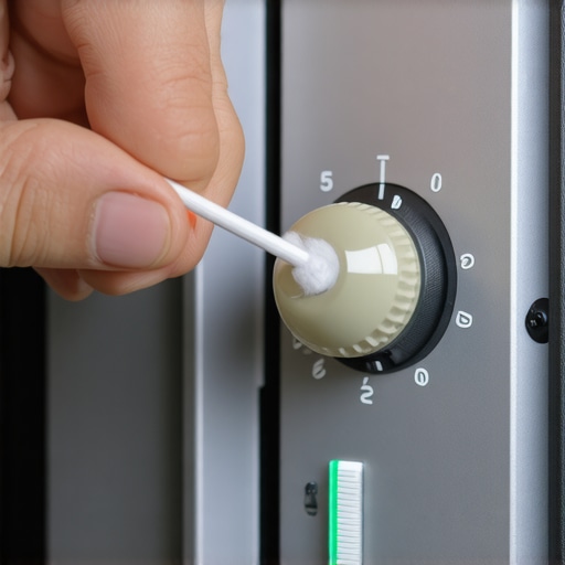 A hand using a cotton swab and compressed air to clean a receiver's volume knob