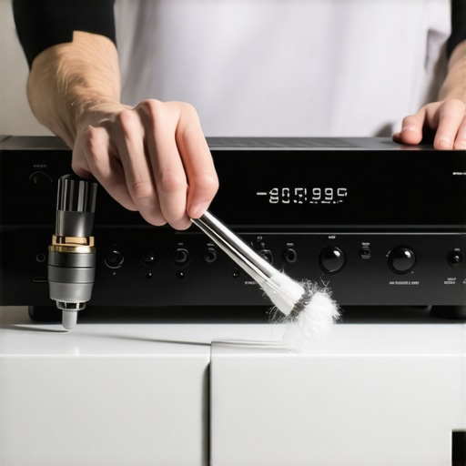 Person using compressed air and cotton swabs to remove dust from an AV receiver