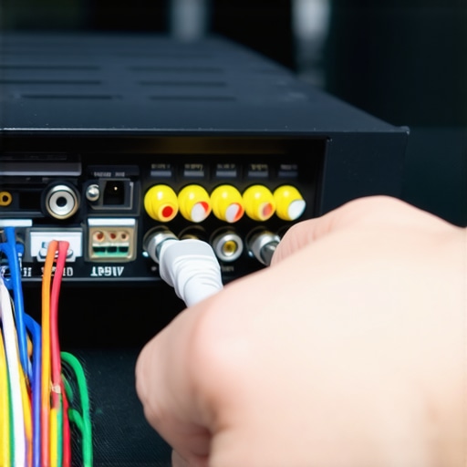Person tuning a home theater receiver with neatly organized speaker cables.