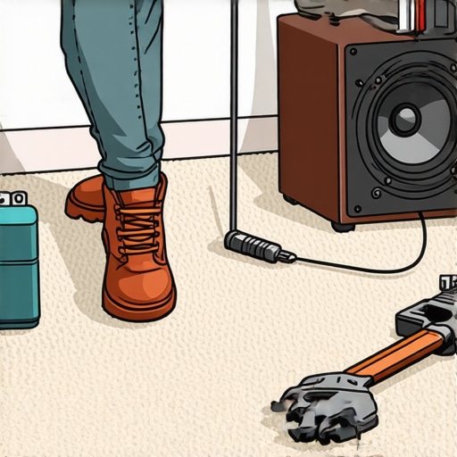 A person using a fish tape to route speaker cables under a thick carpet in a living room.