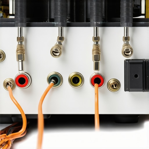 Vintage stereo components connected with grounding wires focusing on grounding terminals