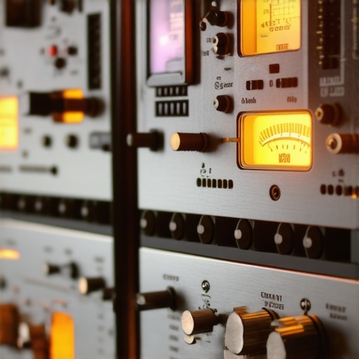 Detailed view of professional audio equipment showcasing circuitry and glowing meters