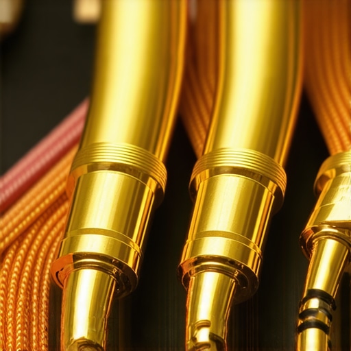 Close-up of copper speaker cables with gold-plated connectors in a home theater system.