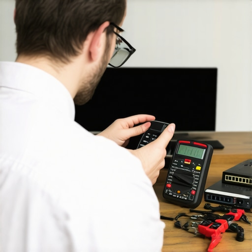 Home Theater Maintenance Tools Technician using diagnostic tools for home theater equipment in a modern media room.
