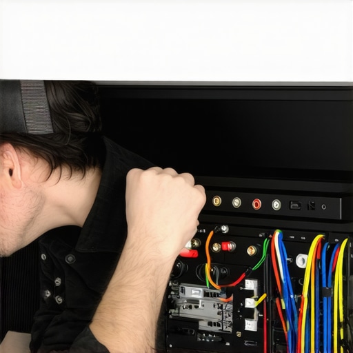 Home Theater System Maintenance Technician inspecting wiring and settings on an AV receiver for optimal performance.