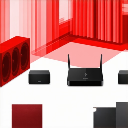 Diagram of a home audio system highlighting potential interference points from Wi-Fi devices and appliances.