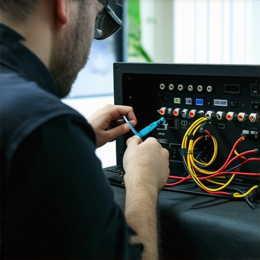 Home theater maintenance tools in use Technician inspecting home theater setup with cables and tools.