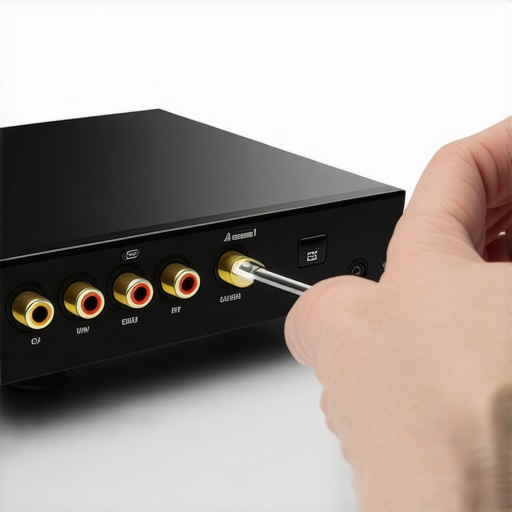 Person cleaning HDMI and speaker connections in a home theater system with professional tools.