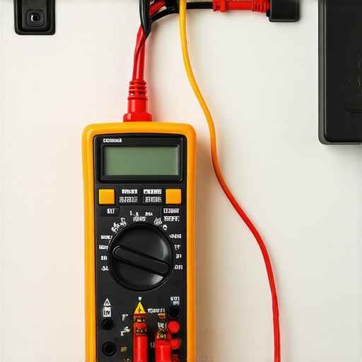 A multimeter measuring speaker wires during system maintenance
