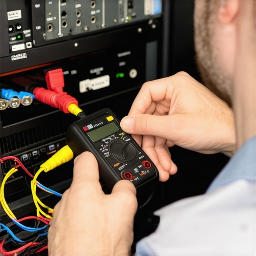 Multimeter testing AV connection Technician measuring voltage on AV receiver with multimeter in a home theater
