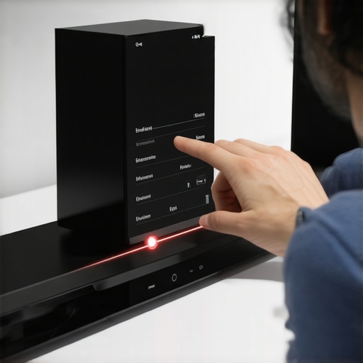 Person fine-tuning audio delay on media hub as laser level aligns speakers