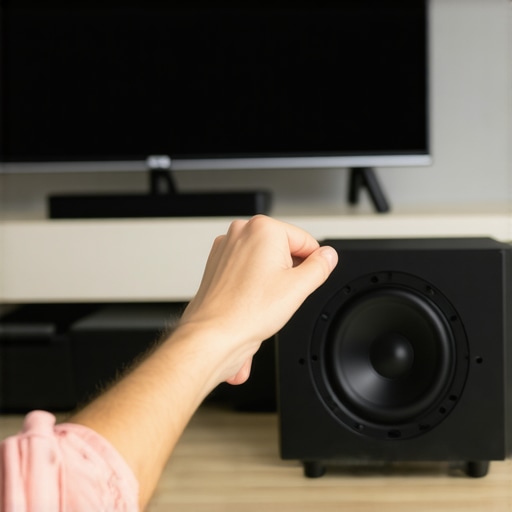 Person adjusting a wireless subwoofer to improve connection in a home theater