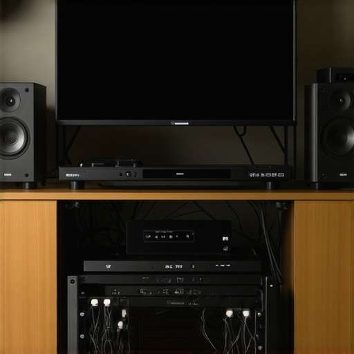 Organized Home Theater System for Optimal Performance A well-organized home theater with wired connections, modern AV equipment, and neatly arranged speakers.