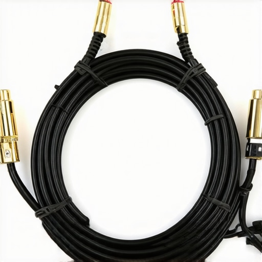 Premium Speaker Cables Setup Close-up of gold-plated speaker cables connected to speakers and amplifier