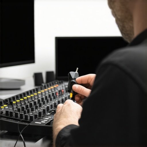 Technician using a multimeter and compressed air to maintain AV equipment