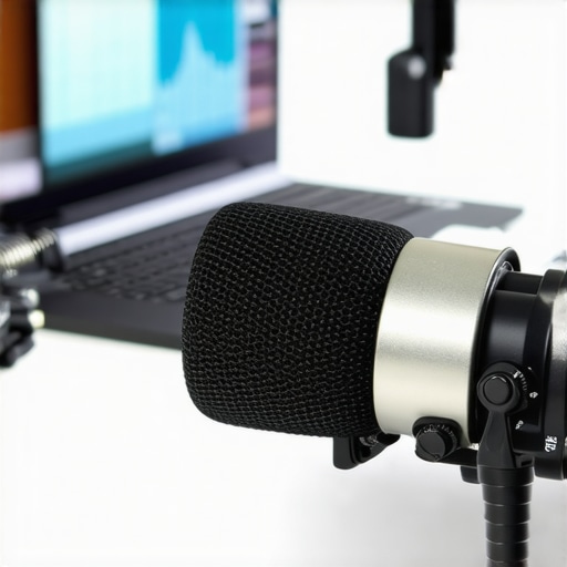 Professional Room Calibration Microphone and Software Setup A high-quality room calibration microphone plugged into a laptop displaying audio spectrum analysis