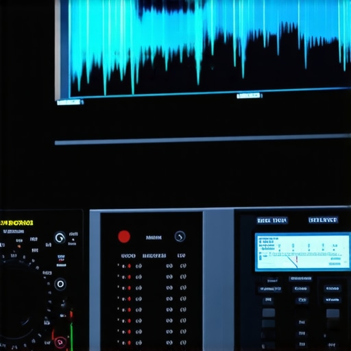 Professional tools for AV system maintenance Spectrum analyzer and multimeter measuring audio signals in a home theater