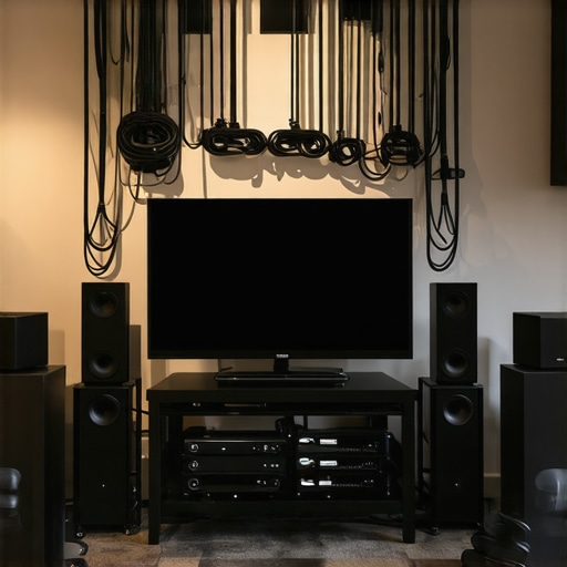 Organized AV cables running along walls with separated power and speaker wires for optimal sound quality.