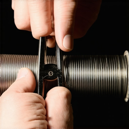 Hands expertly stripping heavy gauge speaker wire with professional tools, ensuring clean strands for optimal connection.