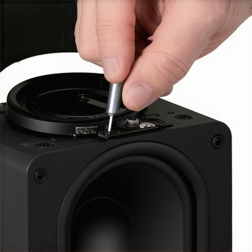 A hand gently prying off a speaker grille to access the drivers underneath