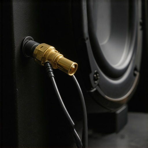 Close-up of shielded subwoofer cables with secure connectors in a home theater setup
