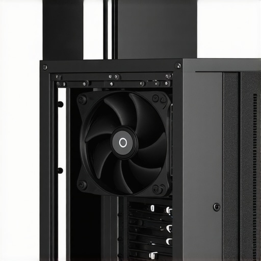 Silent Cooling Fan in Power Amplifier A quiet, custom-mounted cooling fan installed inside a home audio power amplifier with vibration dampers and ventilation