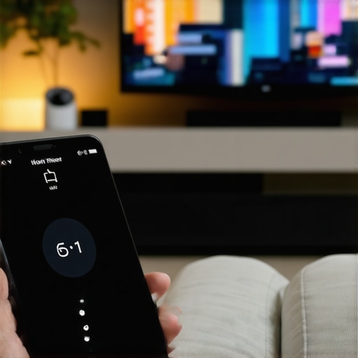 Smartphone controlling home theater system A smartphone displaying a media control app, connected to a home theater system.