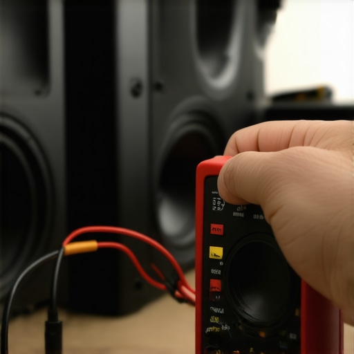 Speaker wiring multimeter testing Person measuring speaker wire impedance with a multimeter in a home theater